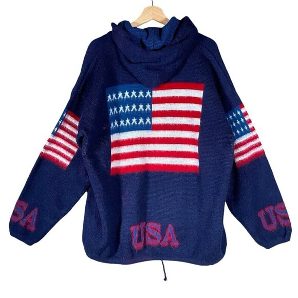 VTG Ruminahui Wool Hooded Sweater XL Full Zip American Flag USA Fuzzy Jacket - Picture 2 of 13